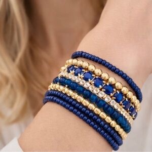 8 Stackable Stretchy Bohemian Navy & Gold Bead Bracelets Set • NEW • NO TAGS